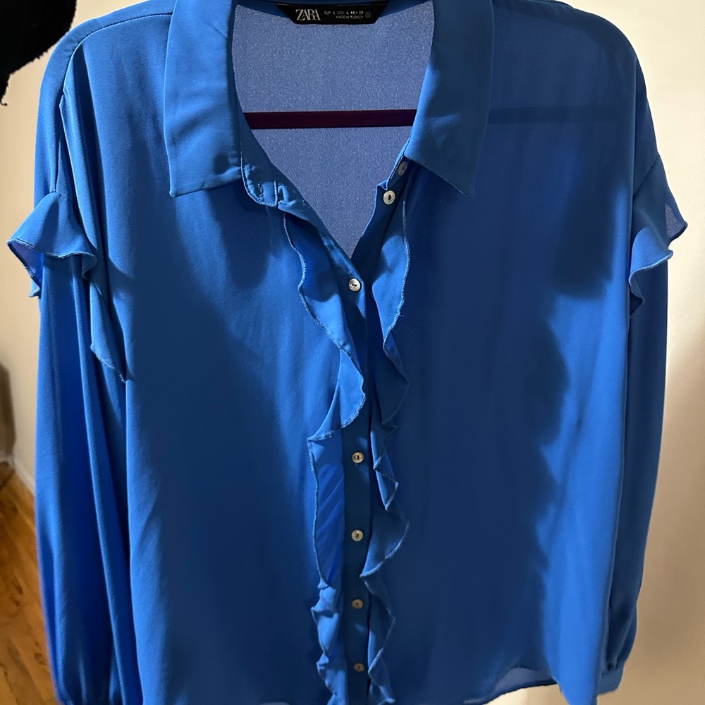 Zara Women's Vibrant Blue Ruffle Blouse